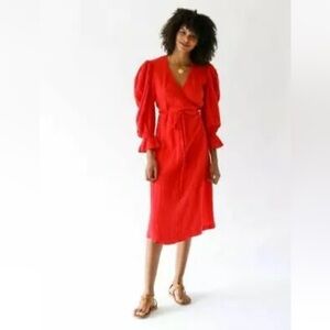 Rhode Resort Long‎ Sleeve Midi Wrap Dress Gauzy Cotton Puff Sleeve Pink large